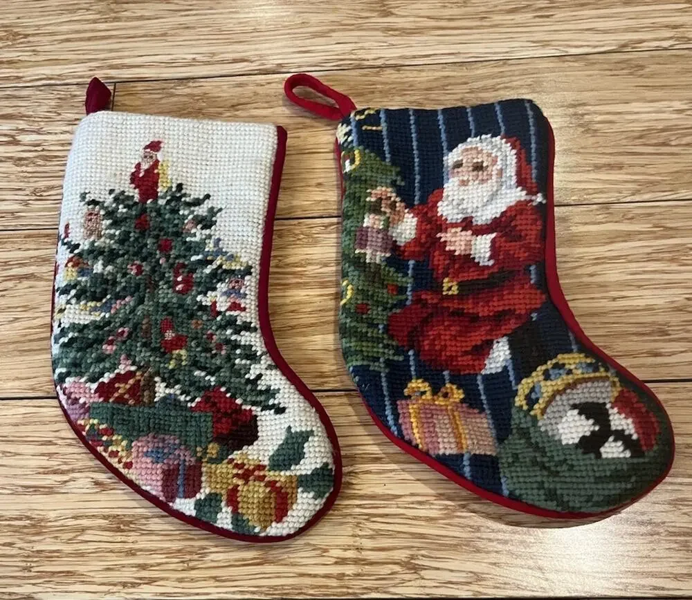 Pair Of 2 Wool Needlepoint Christmas Stocking Christmas Tree & Santa 8.5” VTG